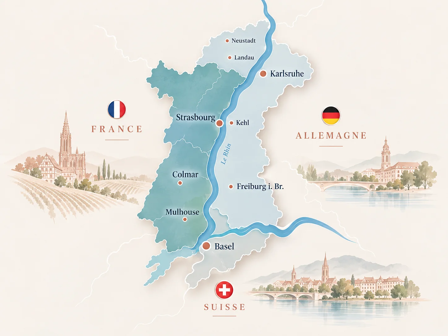 Karte des Elsass zwischen Frankreich, Deutschland und der Schweiz